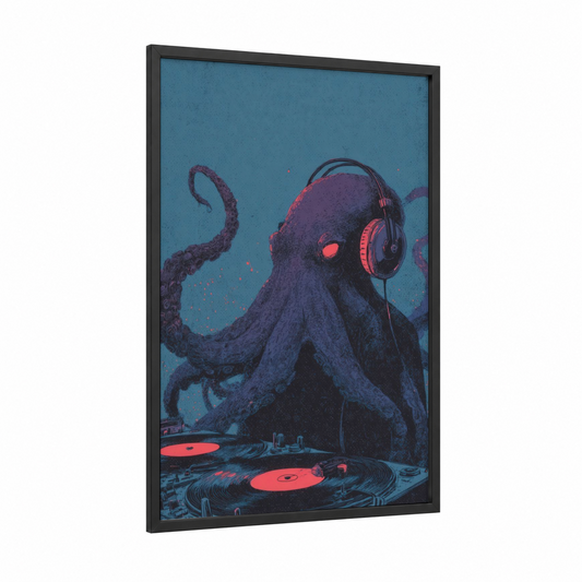 DJ Octopus framed art print — black wood frame — blue and magenta palette