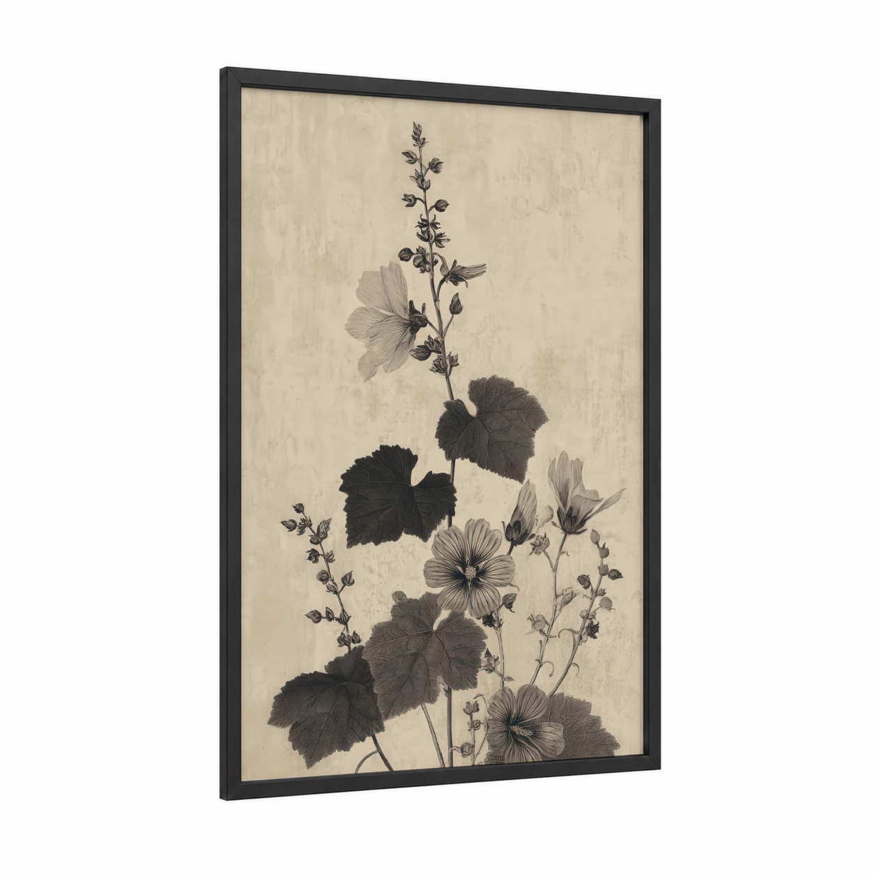 Botanical Herb Study framed herbs print — black wood frame — black and white and cream palette
