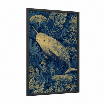 Golden Narwhal framed art print — black wood frame — gold and dark blue palette