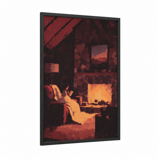Golden Hour Reader framed reading print — black wood frame — maroon and gold palette