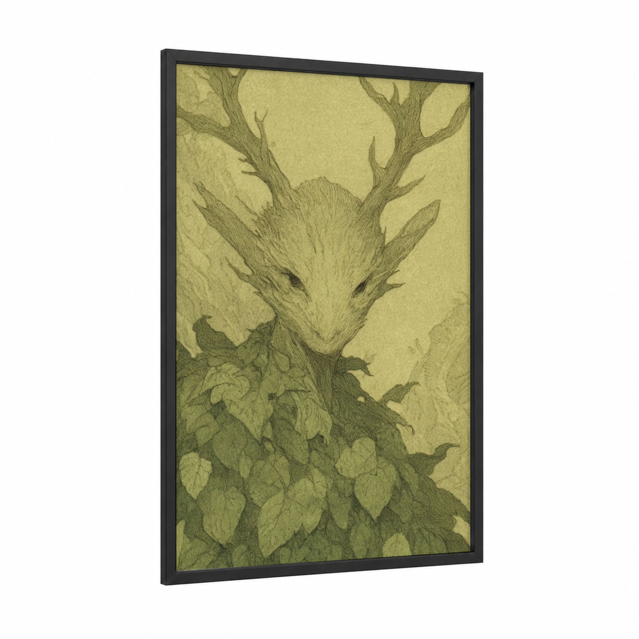 Forest Fairy Spirit framed art print — black wood frame — green and cream palette