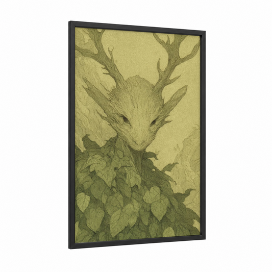 Forest Fairy Spirit framed art print — black wood frame — green and cream palette