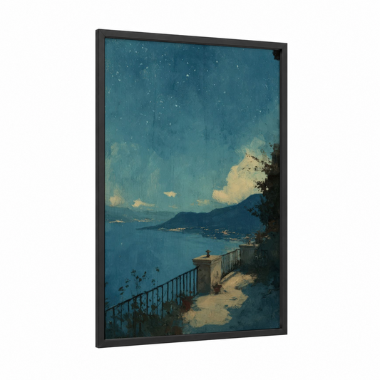 Starlit Coastal Vista framed night sky print — black wood frame — teal and cream palette