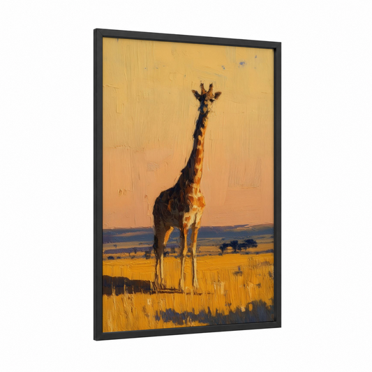 Golden Savanna Giraffe framed art print — black wood frame — yellow gold and orange palette