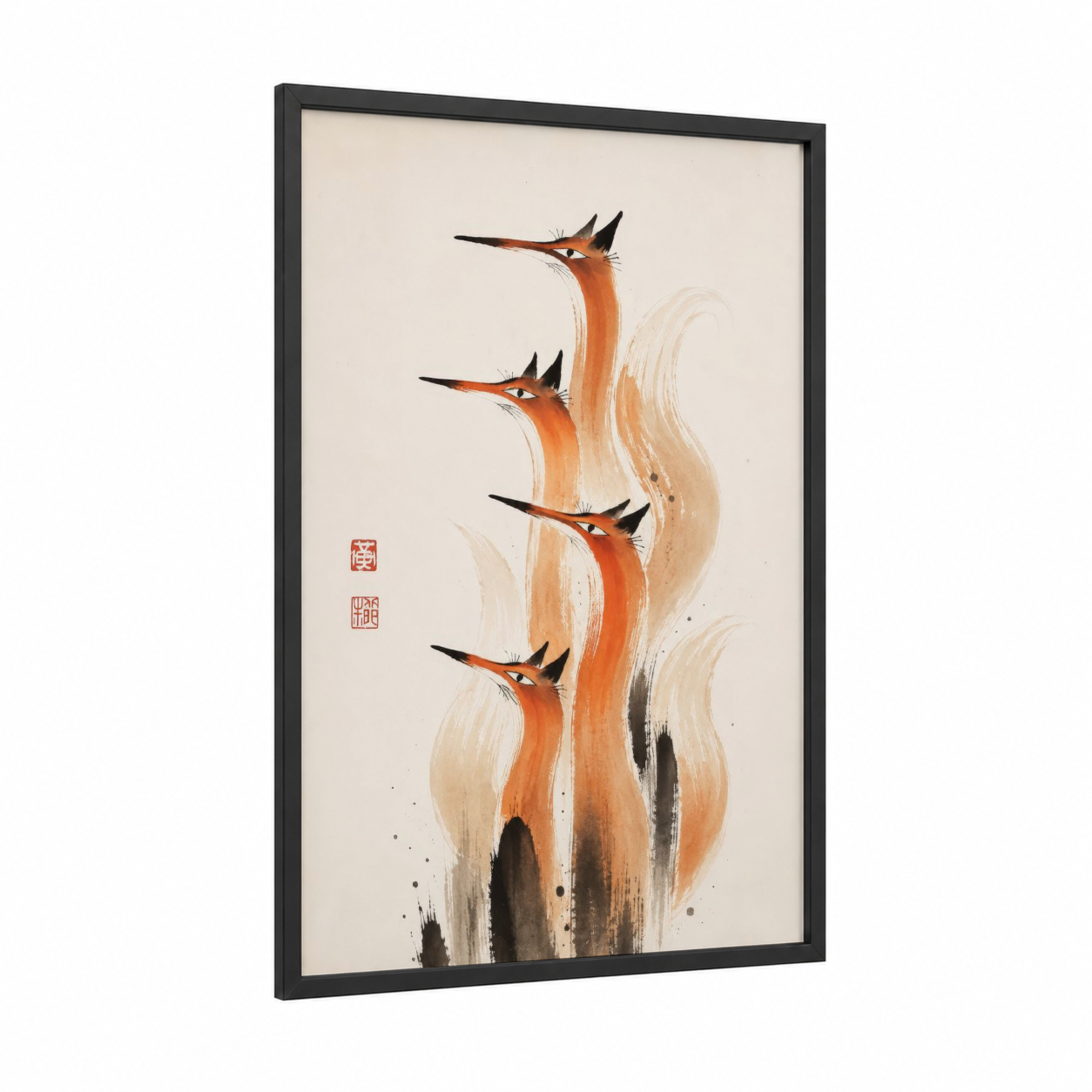 Japanese Crane Brushstroke Wall Art framed art print — black wood frame — peach and cream palette