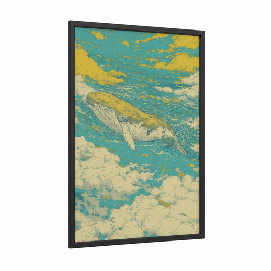 Golden Whale Dream framed gray whale print — black wood frame — teal and yellow gold palette
