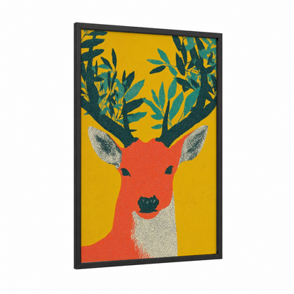 Festive Deer Portrait framed christmas print — black wood frame — gold and teal palette