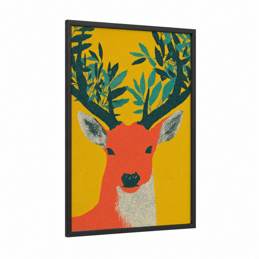 Festive Deer Portrait framed christmas print — black wood frame — gold and teal palette