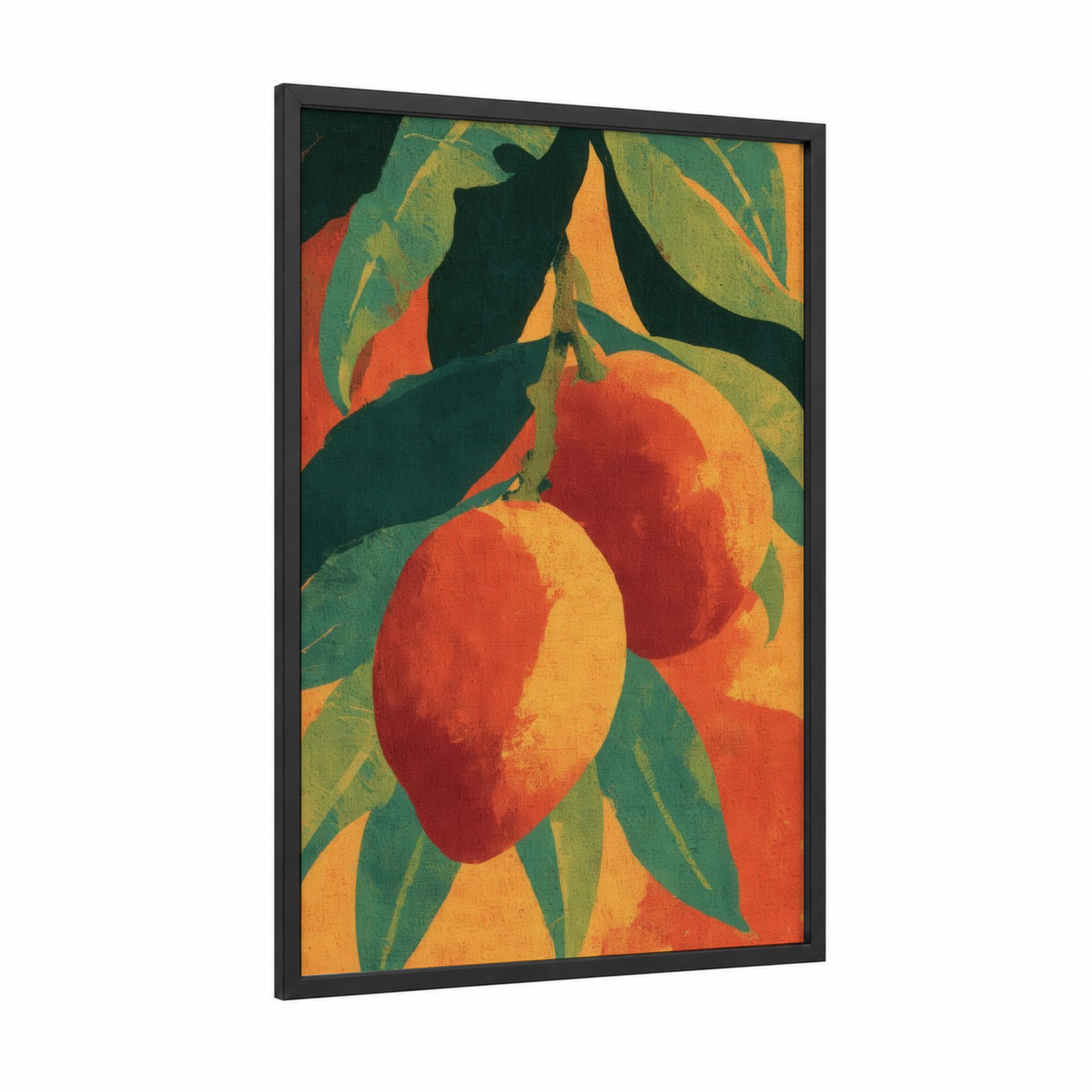 Vibrant Mango Harvest framed fruit print — black wood frame — gold and dark green palette