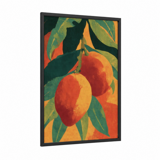 Vibrant Mango Harvest framed fruit print — black wood frame — gold and dark green palette