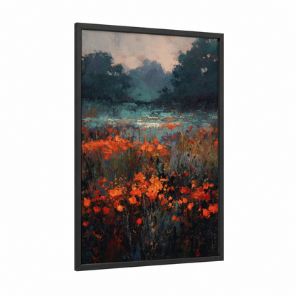 Crimson Poppy Meadow framed poppies print — black wood frame — red and teal palette