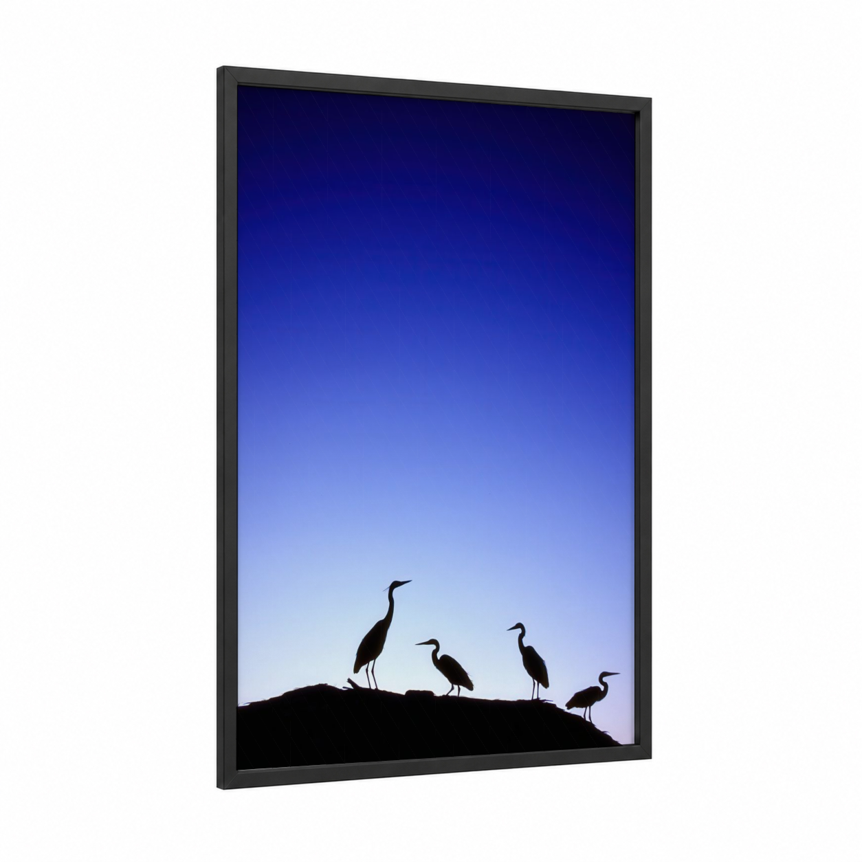 Twilight Herons framed art print — black wood frame — dark blue and blue palette