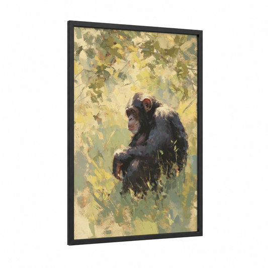 Contemplative Chimp framed chimpanzee print — black wood frame — yellow gold and sage green palette
