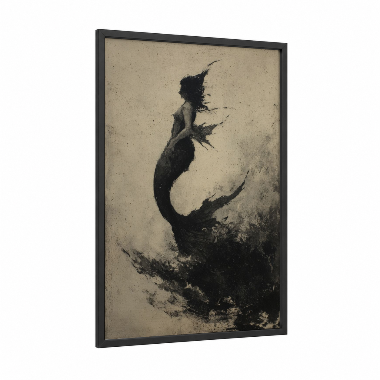 Ethereal Mermaid framed art print — black wood frame — black and white and dove gray palette