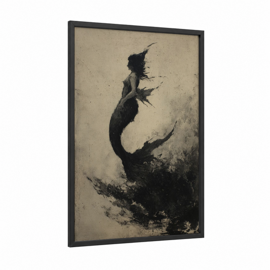 Ethereal Mermaid framed art print — black wood frame — black and white and dove gray palette