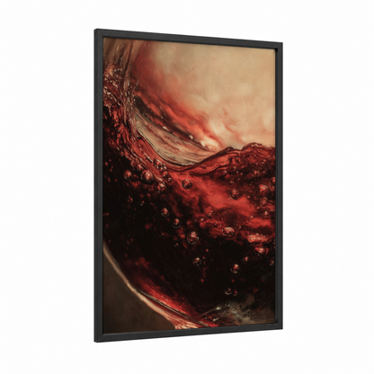 Crimson Wine Splash framed red wine print — black wood frame — red and gold palette
