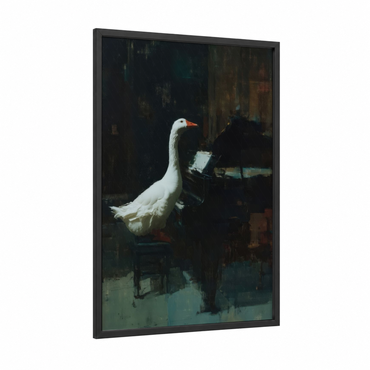 Piano Goose framed geese print — black wood frame — black and dove gray palette