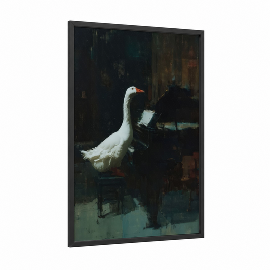 Piano Goose framed geese print — black wood frame — black and dove gray palette