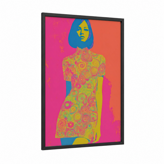 Retro Groove Woman framed retro fashion print — black wood frame — magenta and gold palette