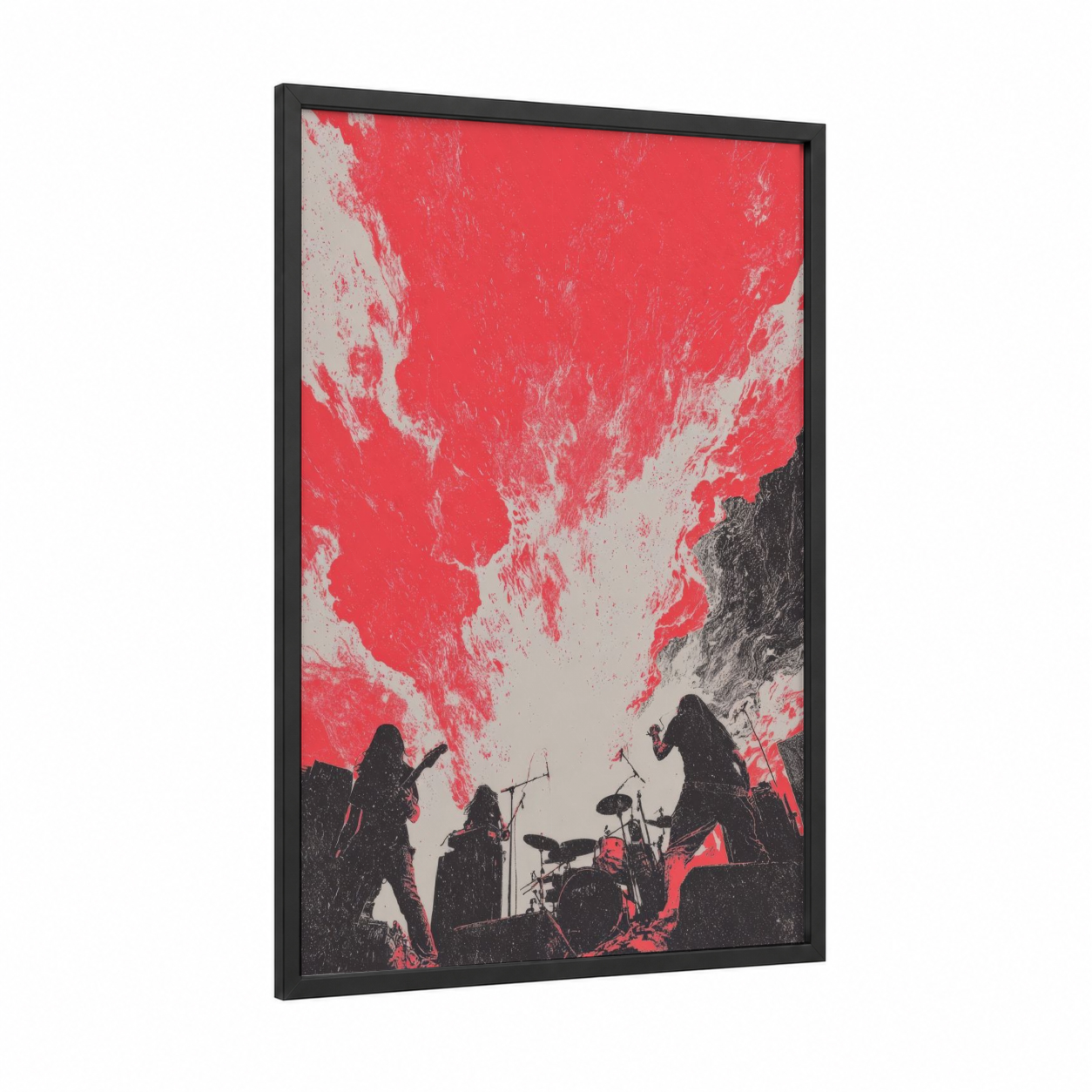Crimson Stage Fury framed death metal print — black wood frame — red and black palette