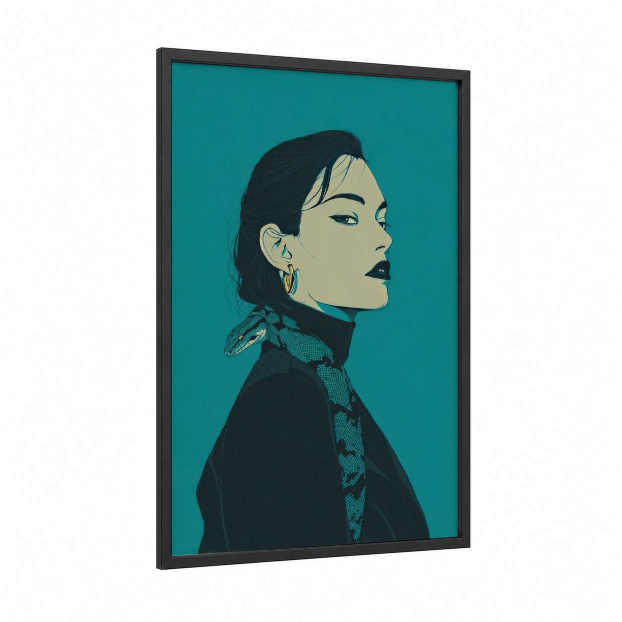 Modern Viper framed art print — black wood frame — teal and black and gold palette