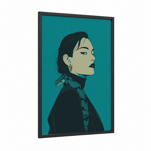 Modern Viper framed art print — black wood frame — teal and black and gold palette