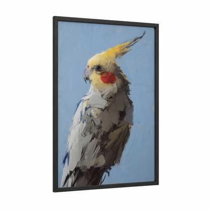 Sulphur Crested Cockatiel framed art print — black wood frame — blue and white palette