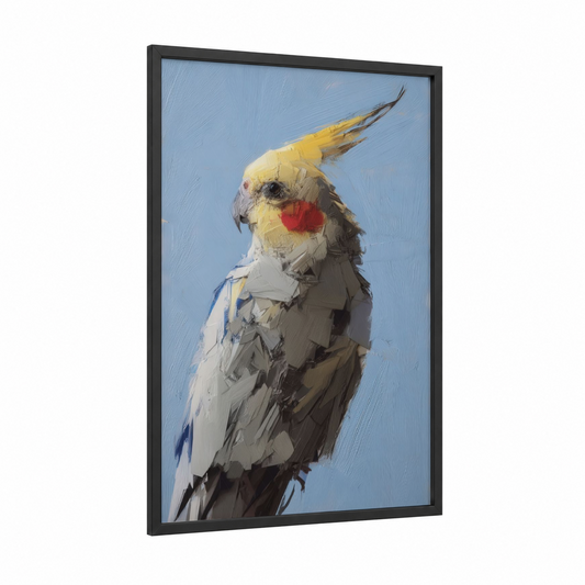 Sulphur Crested Cockatiel framed art print — black wood frame — blue and white palette