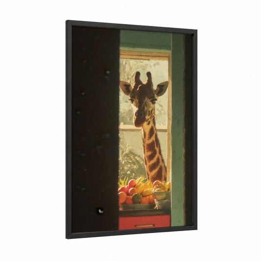 Giraffe Window View framed art print — black wood frame — gold and sage green palette
