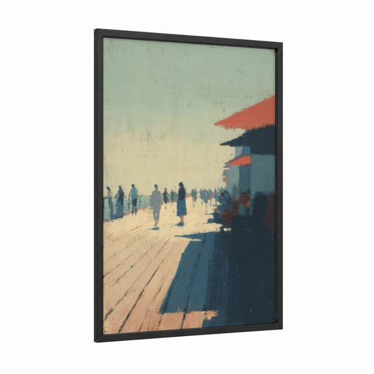 Seaside Gathering framed docks and piers print — black wood frame — cream and dove gray palette