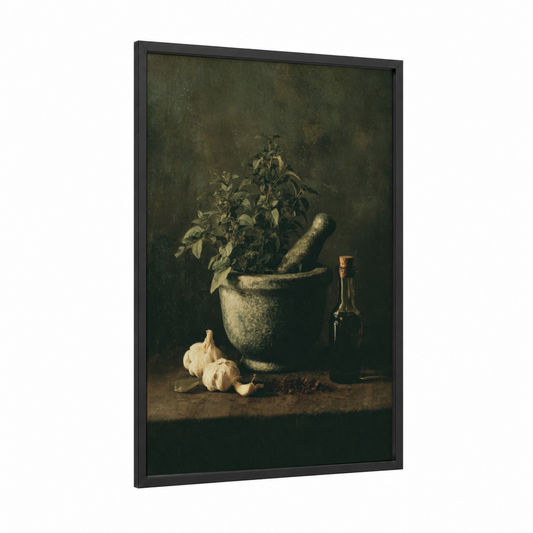 Herbal Still Life framed herbs print — black wood frame — olive and espresso palette