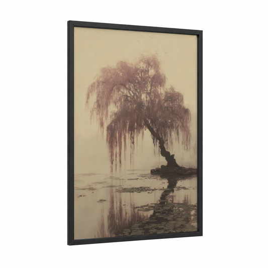 Misty Willow Reflection framed willow tree print — black wood frame — cream and dove gray palette