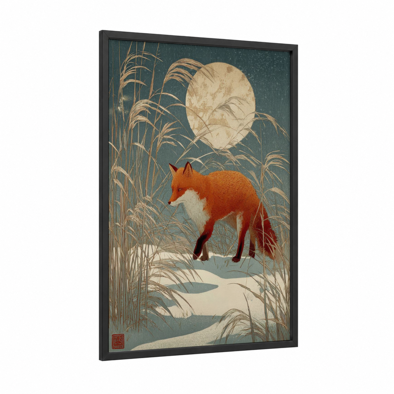 Moonlit Fox framed art print — black wood frame — teal and gold palette