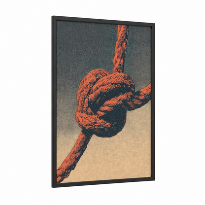 Nautical Knot Study framed rope knots print — black wood frame — orange and black palette