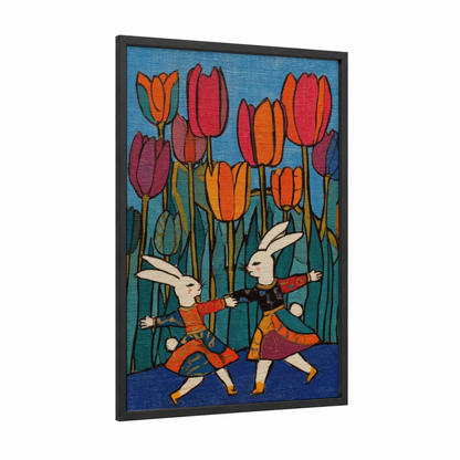 Dancing Rabbits framed art print — black wood frame — blue and red palette