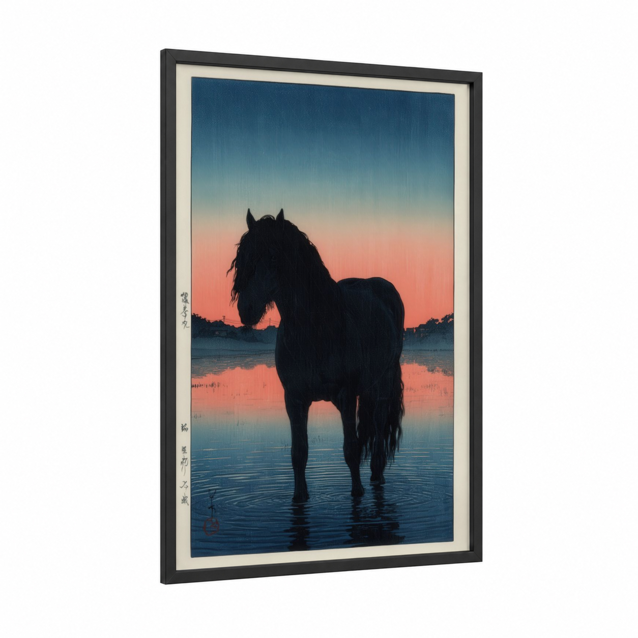 Twilight Friesian framed friesian horse print — black wood frame — blue and salmon pink palette