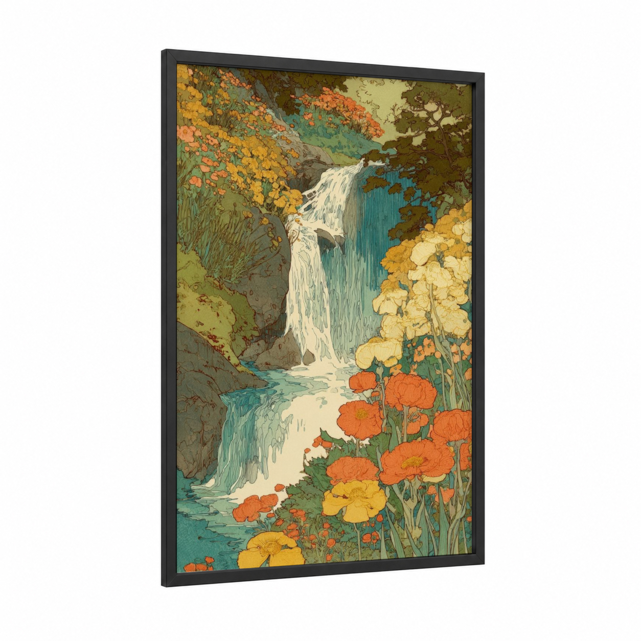 Autumn Waterfall Garden framed art print — black wood frame — gold and teal palette