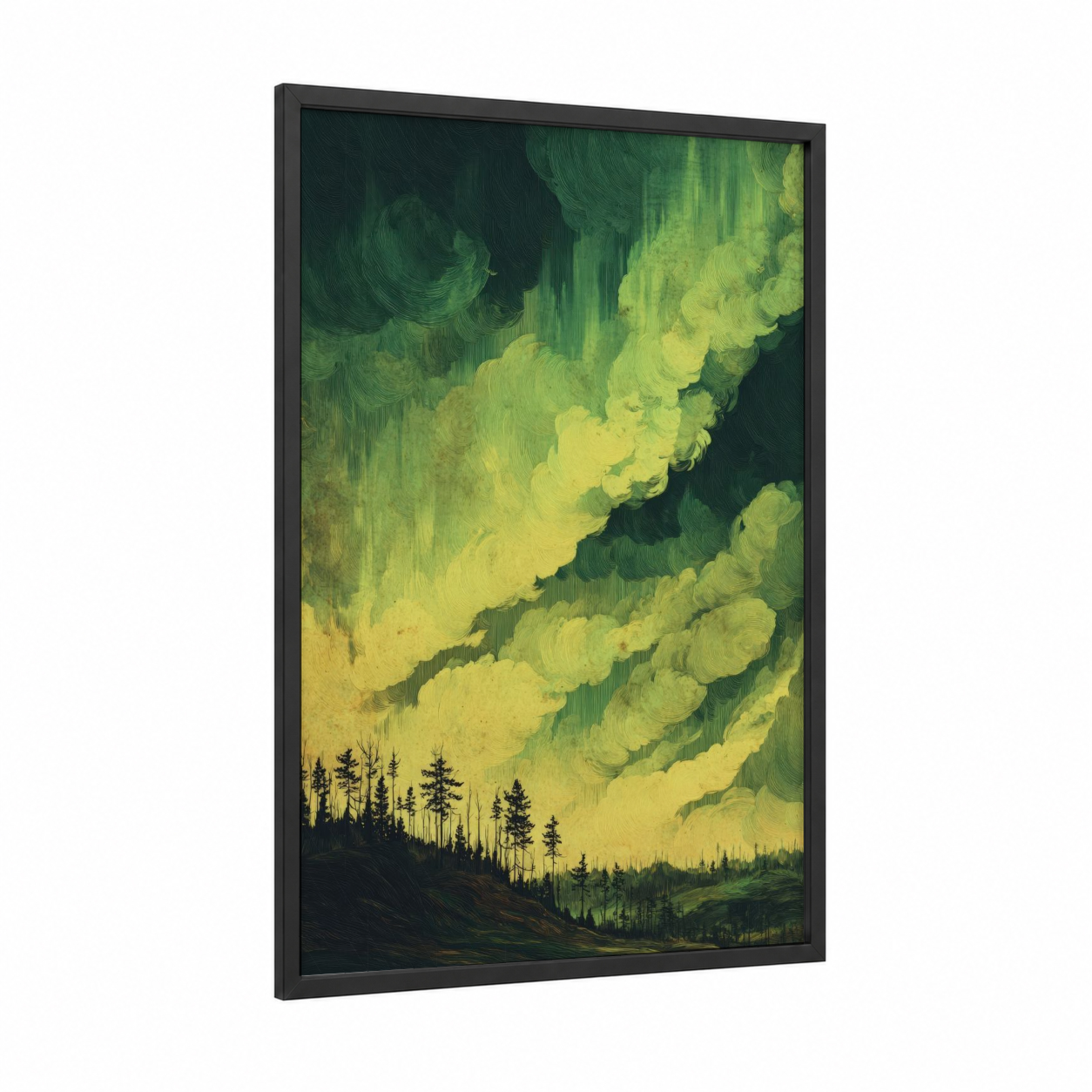 Aurora Tornado framed art print — black wood frame — lime green and yellow palette