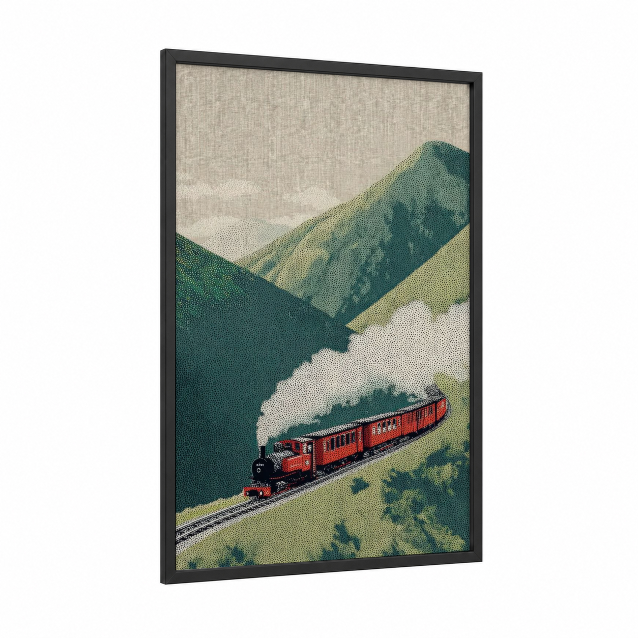 Mountain Railway Express framed train print — black wood frame — beige and dark green palette