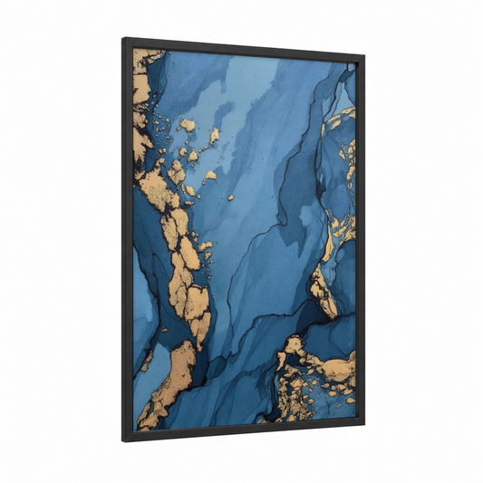 Sapphire Abstraction framed abstract classic print — black wood frame — blue and gold palette