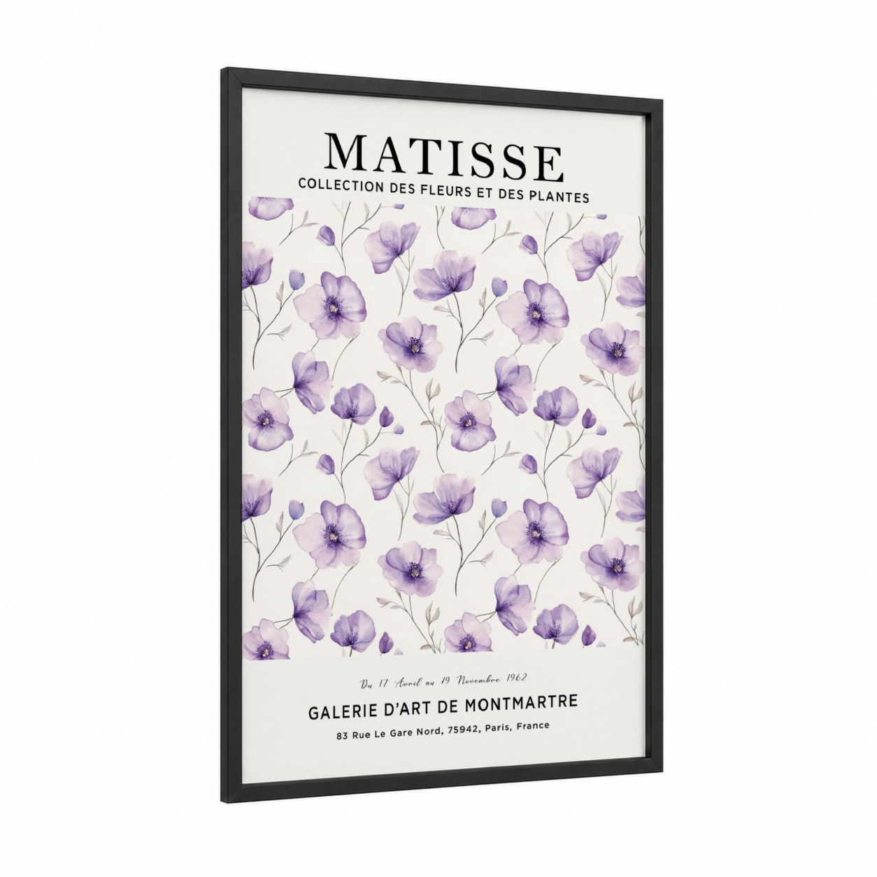 Lavender Matisse framed abstract flower print — black wood frame — lavender and cream palette