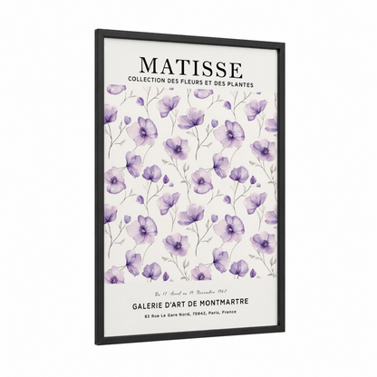 Lavender Matisse framed abstract flower print — black wood frame — lavender and cream palette