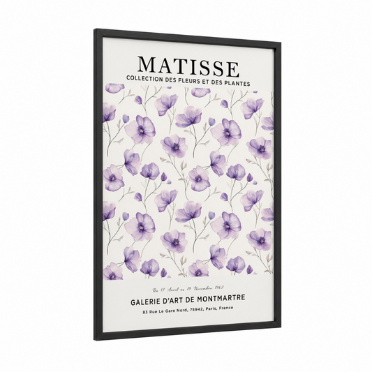 Lavender Matisse framed abstract flower print — black wood frame — lavender and cream palette
