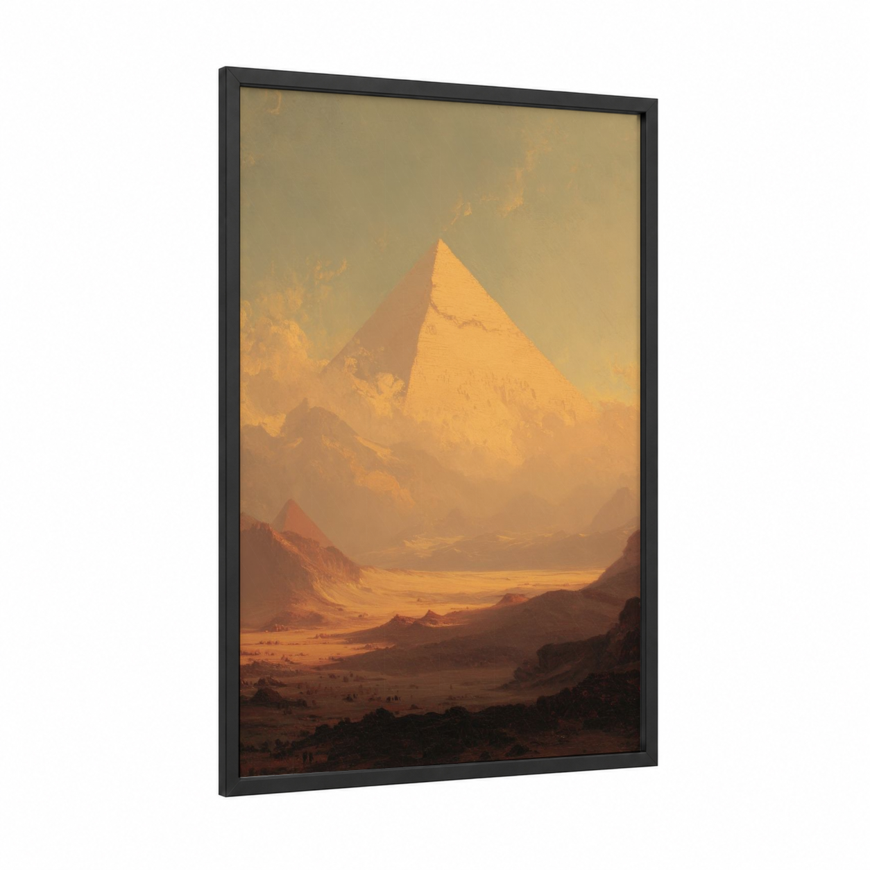 Golden Pyramid Sunrise framed great pyramid of giza print — black wood frame — gold palette