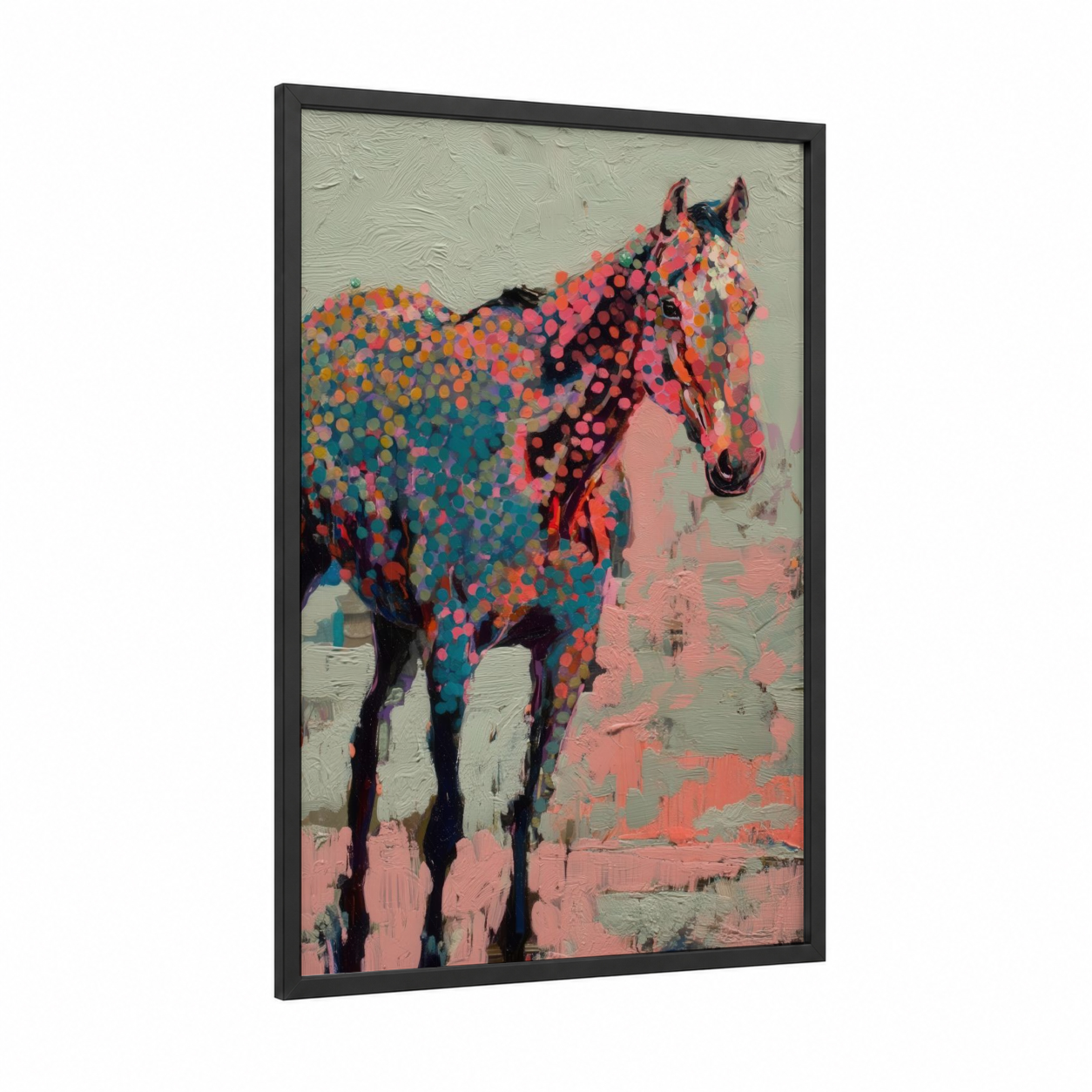 Colorful Thoroughbred framed thoroughbred horse print — black wood frame — magenta and teal palette