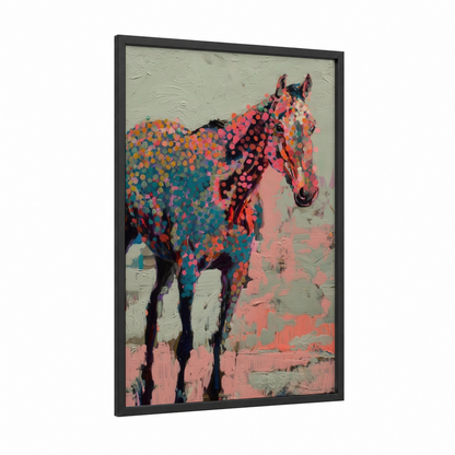 Colorful Thoroughbred framed thoroughbred horse print — black wood frame — magenta and teal palette