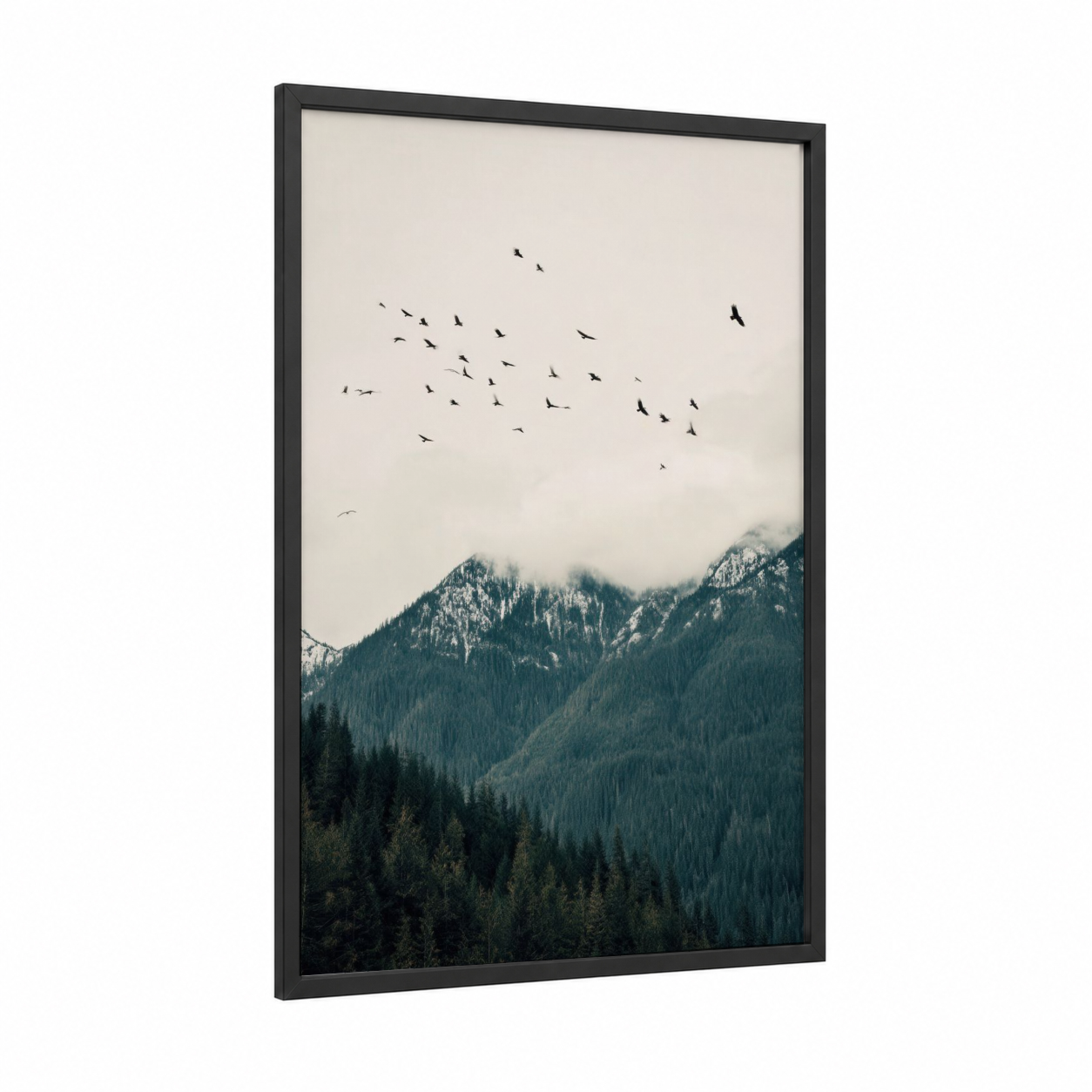 Mountain Eagle Flight framed art print — black wood frame — teal and dove gray palette