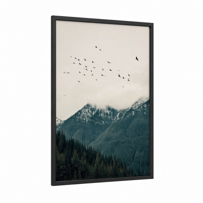 Mountain Eagle Flight framed art print — black wood frame — teal and dove gray palette