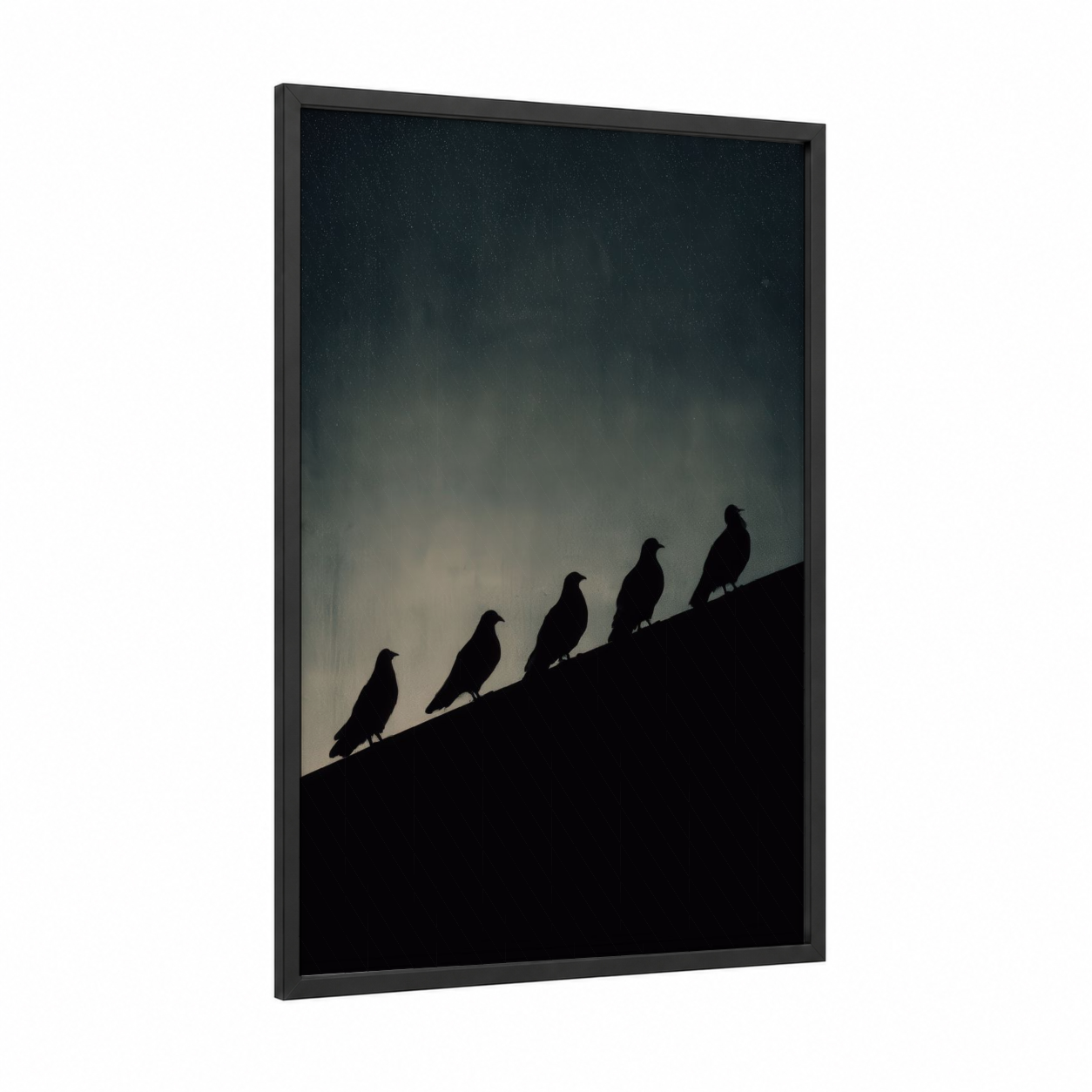 Ascending Doves framed art print — black wood frame — black and white and dove gray palette