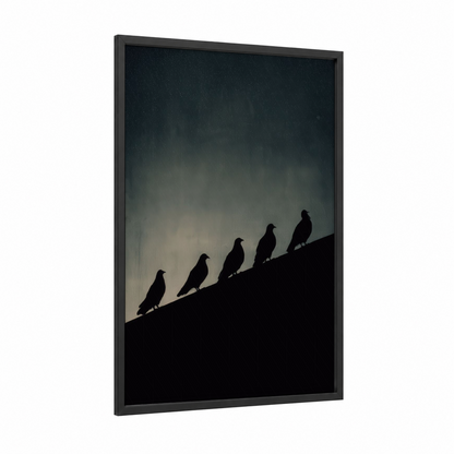 Ascending Doves framed art print — black wood frame — black and white and dove gray palette